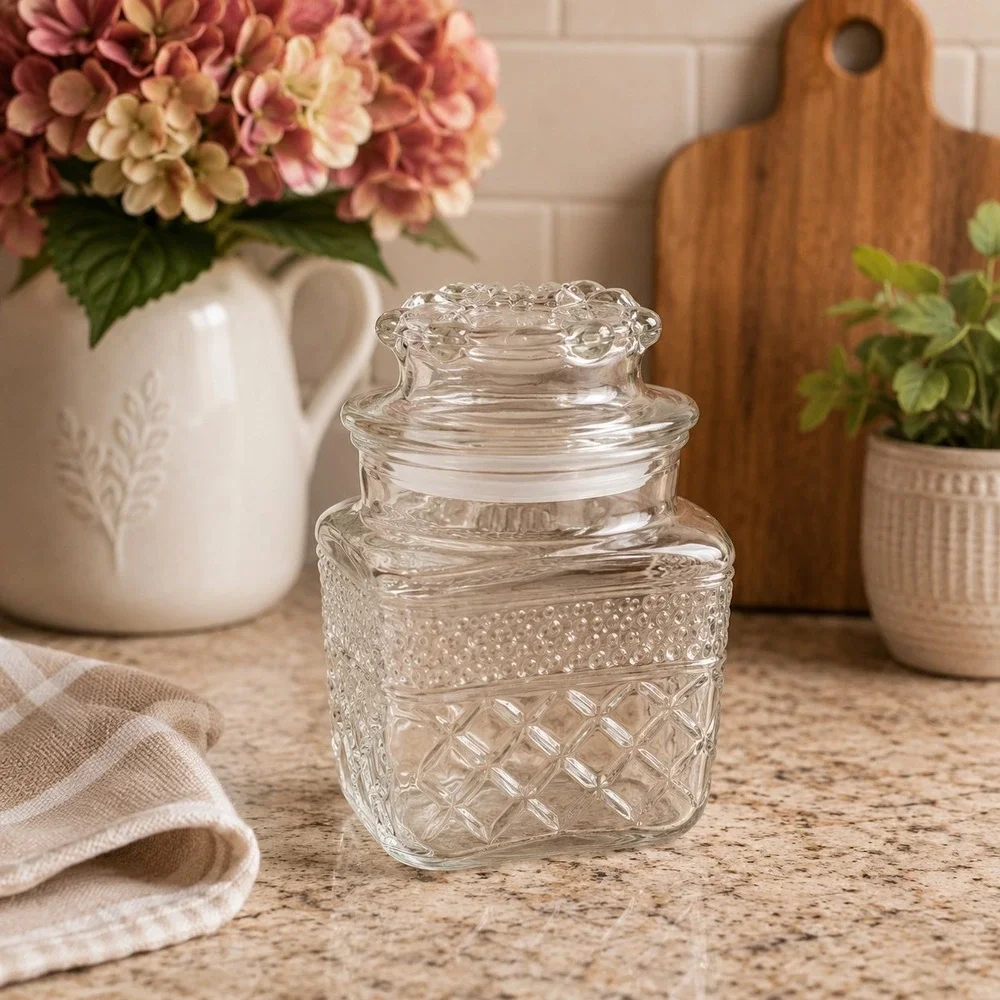 Anchor Hocking Wexford Clear Glass Apothecary Canister With Lid Diamond Pattern